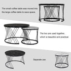 Round Coffee Table, Modern Coffee Table Set Of 2 Marble Pattern Top With Metal Frame, Small Side Table, End Table For Living Room, Bedroom, Home Office, Farmhouse, White And Black