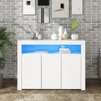 High Gloss White Sideboard Display Cabinet With LED Lights, Modern 3-Door Wood Buffet Cupboard Storage Unit With Remote Control For Kitchen Living Room Dining Room Hallway