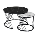 Round Coffee Table, Modern Coffee Table Set Of 2 Marble Pattern Top With Metal Frame, Small Side Table, End Table For Living Room, Bedroom, Home Office, Farmhouse, White And Black