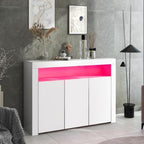 High Gloss White Sideboard Display Cabinet With LED Lights, Modern 3-Door Wood Buffet Cupboard Storage Unit With Remote Control For Kitchen Living Room Dining Room Hallway